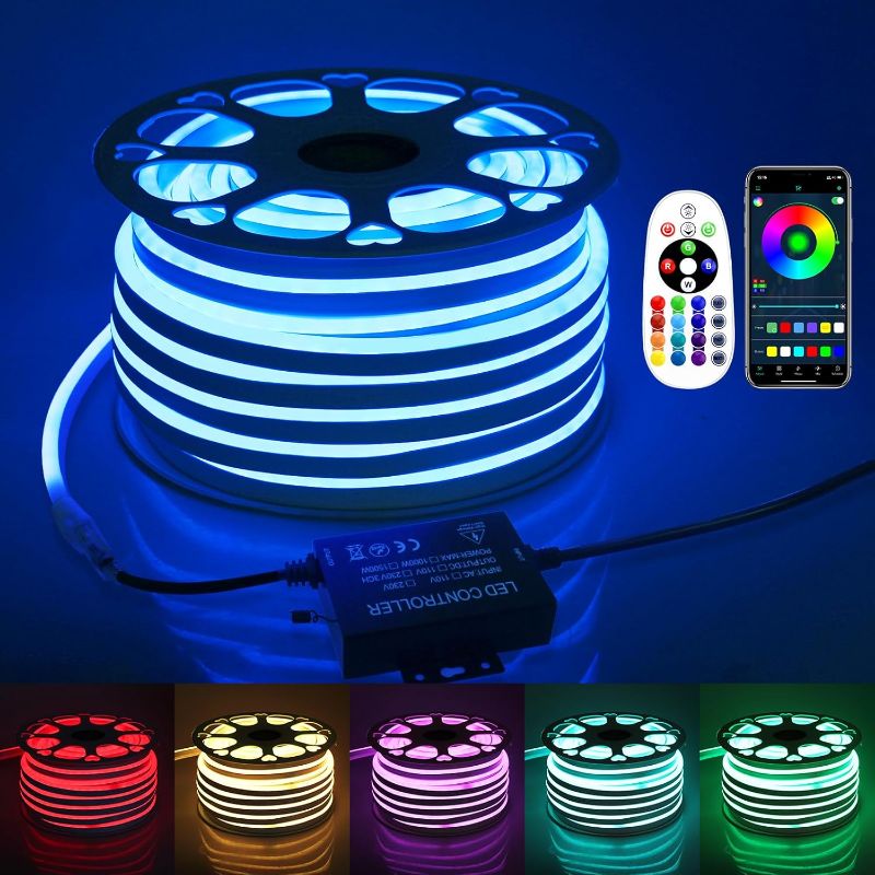 Photo 1 of 45M RGB Neon Rope Light Outdoor 150ft Smart LED Neon Strip Light Waterpfoof Multicolor LED Neon Flex Lights AC 110V~130V Music Sync Color Changing Rope Light with Bluetooth Remote ControL