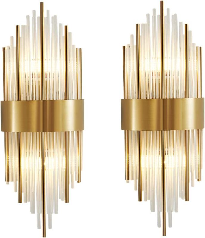 Photo 1 of BOKT Crystal Gold Wall Sconce Elegant Luxury Wall Sconces Brushed Brass Vanity Mirror Light with Glass Rods Indoor Wall Mount Lamp for Hall Restaurant Bedroom