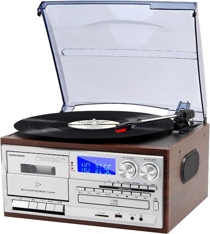 Photo 1 of 9 in 1 Record Player 3 Speeds Vinyl Bluetooth Turntable with 3.5mm Jack, Phonograph with 2 Stereo External Speakers, CD/Cassette, AM/FM Radio, USB/SD/MMC, Aux-in/Rca-out, Black