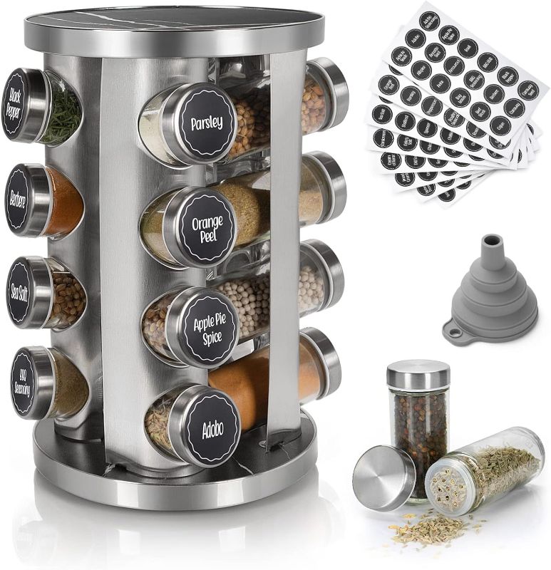 Photo 2 of Rotating Spice Rack Organizer with 16 Empty Spice Jars, 135 Spice Labels with Funnel Complete Set, Seasoning Organizer for Cabinet, Revolving Spice Rack for Countertop(Imitation marble pattern-16jars)