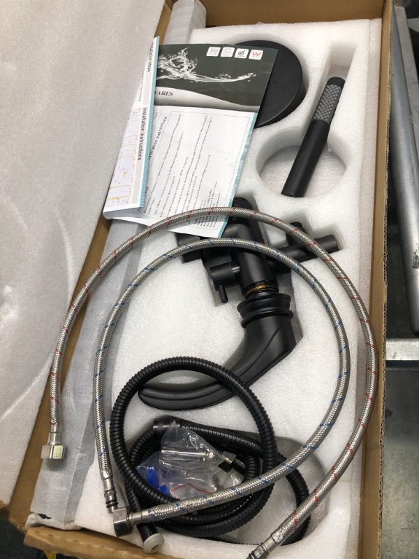 Photo 1 of ****USED** Freestanding Tub Filler Free Standing Bathtub Faucets Matte Black Dual Function Waterfall Spout with Hand Shower Cylinder Hand Shower Matte Black