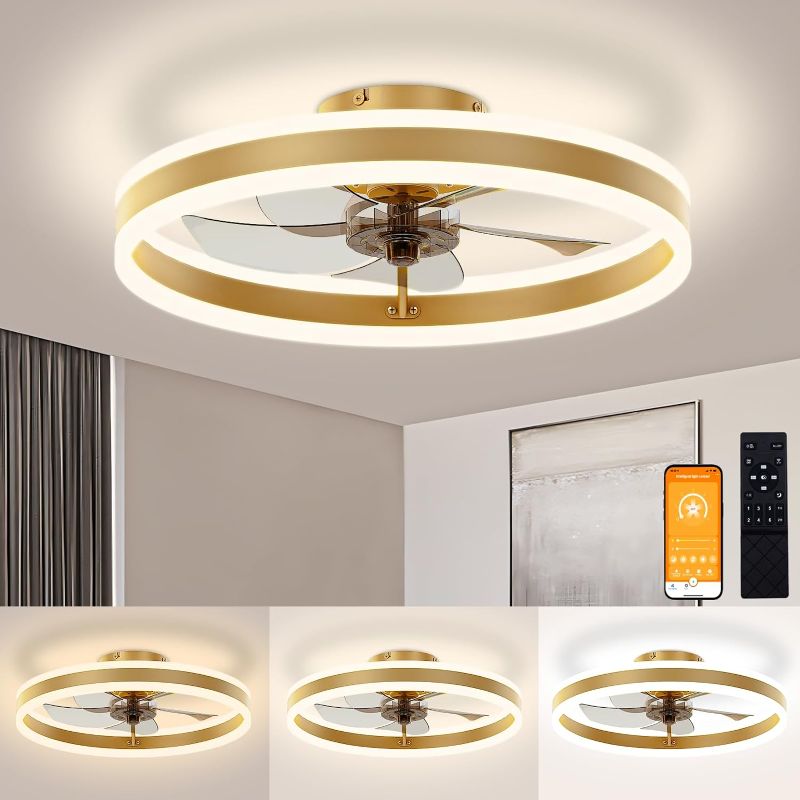 Photo 1 of ****USED*PARTS ONLY***SOLD AS IS***ALL SALES ARE FINAL***NO RETURNS*** * VOLISUN Low Profile Ceiling Fans with Lights and Remote, 19.7in Flush Mount Ceiling Fans with Light, 3000K-6500K Dimmable Fandelier LED Fan Light, Gold Bladeless Ceiling Fans with Li