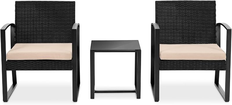 Photo 1 of ***USED*** SereneLife Patio Outdoor Furniture, 3 Pcs. Per Set-includes 2 Single Chairs with Soft Cushion and 1 Glass-top Coffee Table, Black Weather-Resistant Resin Wicker Rattan, Brown
