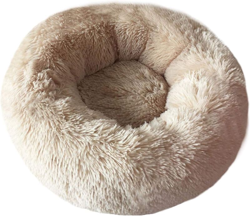 Photo 1 of BODISEINT Modern Soft Plush Round Pet Bed for Cats or Small Dogs, Mini Medium Sized Dog Cat Bed Self Warming Autumn Winter Indoor Snooze Sleeping Cozy Kitty Teddy Kennel (20'' D x 8'' H, Champagne)
