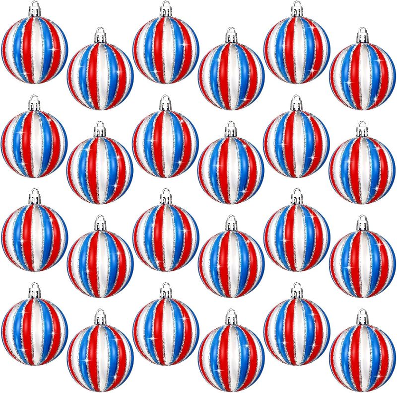 Photo 1 of Chuangdi Independence Day Hanging Ball Ornaments 4th of July Hanging Decoration Star Patriotic Hanging Tree Ornaments Decoration Striped Ball Ornaments for Tree Independence Day(24 Pieces, Striped