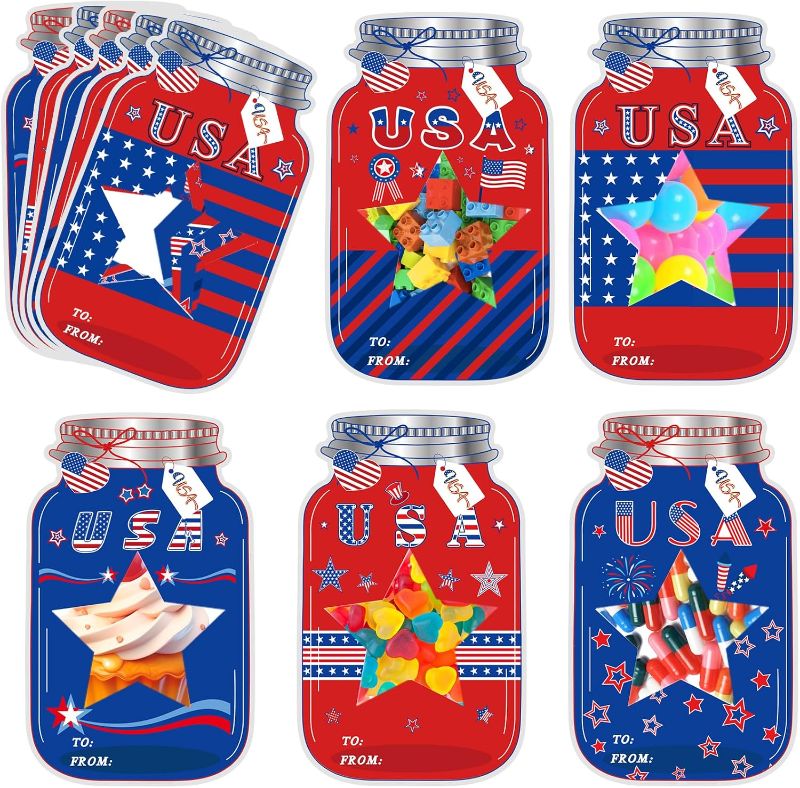 Photo 1 of 100 Pcs Independence Day Cards 4th of July Mason Jar Kids Patriotic Greeting Card with 100 Sealed Bags and 120 Tape for Holiday Exchange Party Favor Classroom School Home Office Supplies