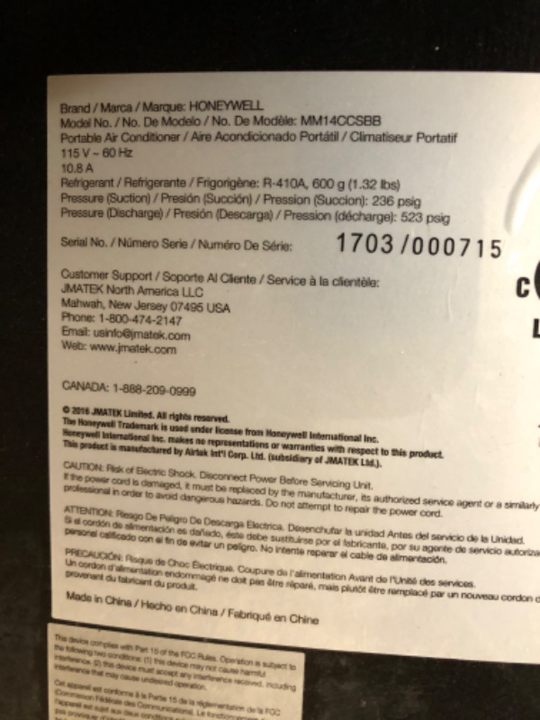 Photo 6 of *******NON FUNCTIONAL//SOLD AS PARTS ALL SALES FINAL******** 
***NON REFUNDABLE//ALL SALES FINAL*** 
Honeywell MM14CCSBB 14000 BTU Portable AC, Dehumidifier, Fan for Rooms Up To 550-700 Sq. Ft. with Thermal Overload Protection, Washable Air Filter & Remot