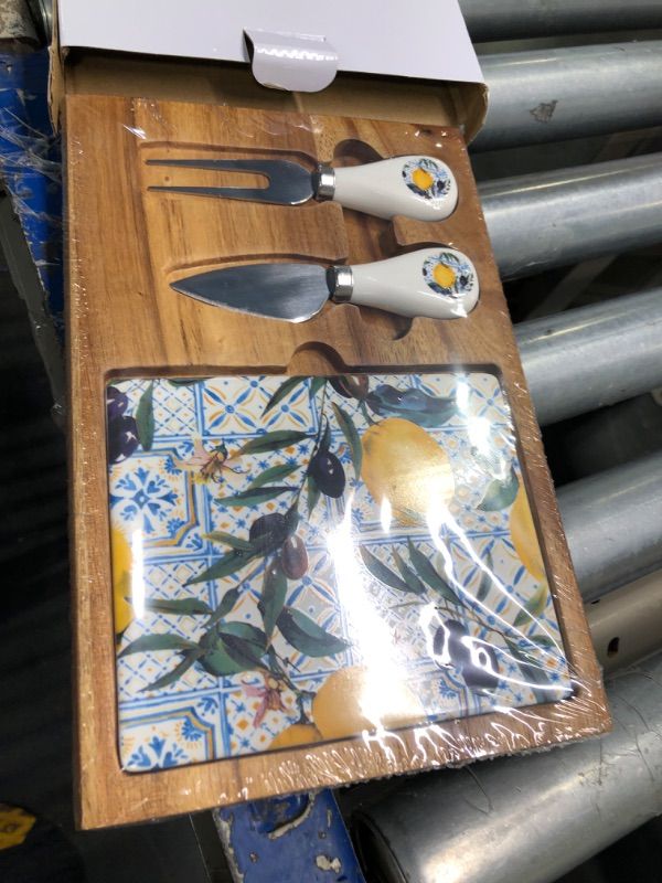 Photo 3 of ****USED***BOX IS DAMAGED** Eco Friendly Wooden Charcuterie Board with Ceramic Plate - Natural Cutting Boards with Charcuterie Accessories - Wedding Gifts Rectangle Cheese Board (Yellow) Rectangle, Yallow