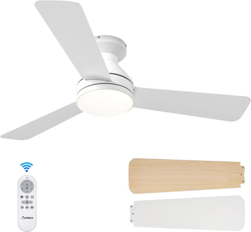 Photo 1 of ***USED** 52 Inch Ceiling Fan with Light Remote Control 3 Wood Blades Hugger Modern Ceiling Fan Reversible Noiseless DC Motor Low Profile Flush Mount Ceiling Fans for Patio, Living Room, Kitchen