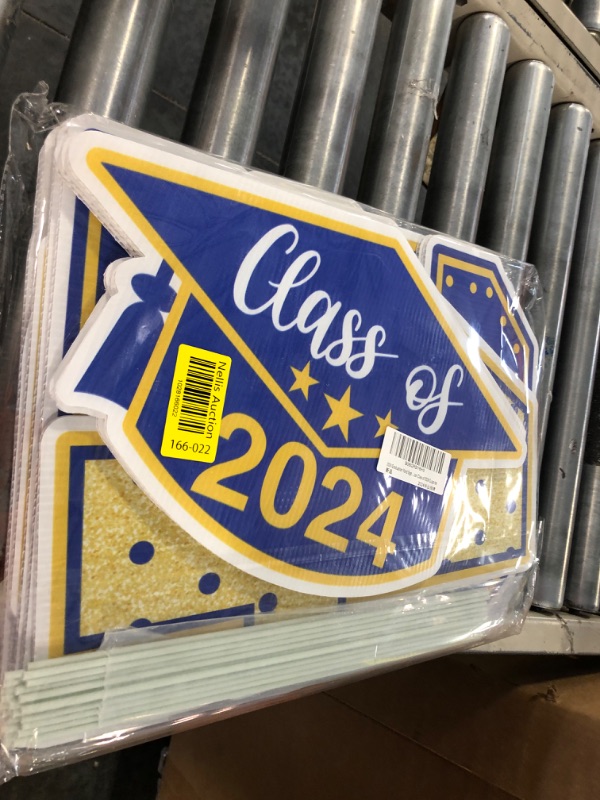 Photo 2 of 11 PCS Blue and Gold Graduation Decoration Class of 2024 Grad Yard Signs Congratulate Graduation Lawn Signs with 22 Stakes for Outdoor Graduation Party Supplies (Blue Gold)