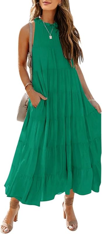 Photo 1 of  Womens 2024 Summer Sleeveless Halter Maxi Dress Pleated Tiered Swing Beach Long Dresses Sundress