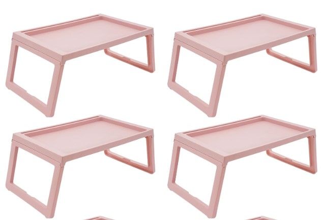 Photo 1 of 4 Pcs Breakfast in Bed Tray Folding Table Modern Plastic Foldable Laptop Desk Cute Serving Food Trays for Home Eating on Bed Sofa Laptops Party, Pink