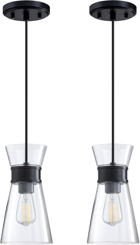 Photo 1 of 2 Pack 1 Light Modern Cylindrical Pendant Light with Clear Glass Black Finish Hanging Pendant Lighting Fixture for Kitchen Island Sink Dining Room Bar