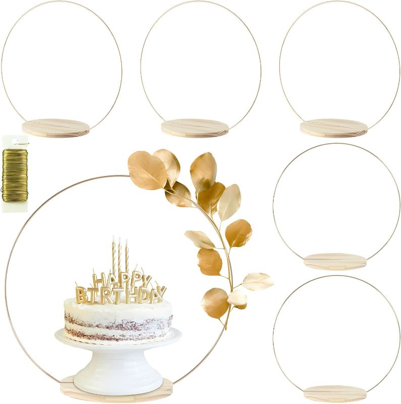 Photo 1 of 6 Pack Floral Hoop Centerpieces with Stand 18 Inches Metal Rings for Crafts DIY Centerpieces Table Decoration with Wooden Cake Stand Wedding Birthday Party Cake Holder, Gold