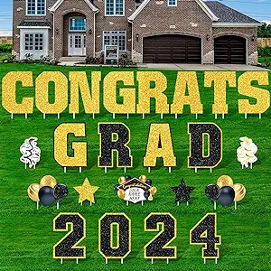 Photo 1 of 23 Pcs Graduation Yard Sign Decorations 2024 Congrats Graduation Lawn Signs 2024 Grad Yard Signs with 46 Stakes for Outdoor Lawn Congrats Graduation Party Decor Class of 2024 Supplies(Black)