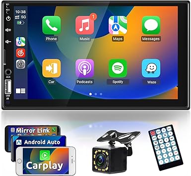 Photo 1 of 7 Inch Double Din Car Stereo CarPlay & Android Auto, HD Touch Screen Car Radio Receiver with Mirror Link, Bluetooth, Backup Camera, Remote, FM, USB AUX RCA 2 Din CarPlay Car Audio Hodozzy