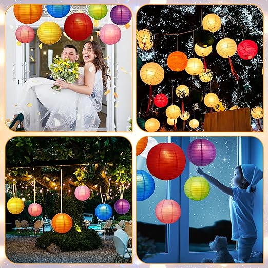 Photo 1 of 48 Pcs Paper Lanterns with 48 LED Paper Lantern Lights 6" 8" 10" 12" Round Decorative Hanging Lantern Paper Lantern Lamp 1 Roll Transparent Elastic Cord for Wedding Party Decor (Multicolor)