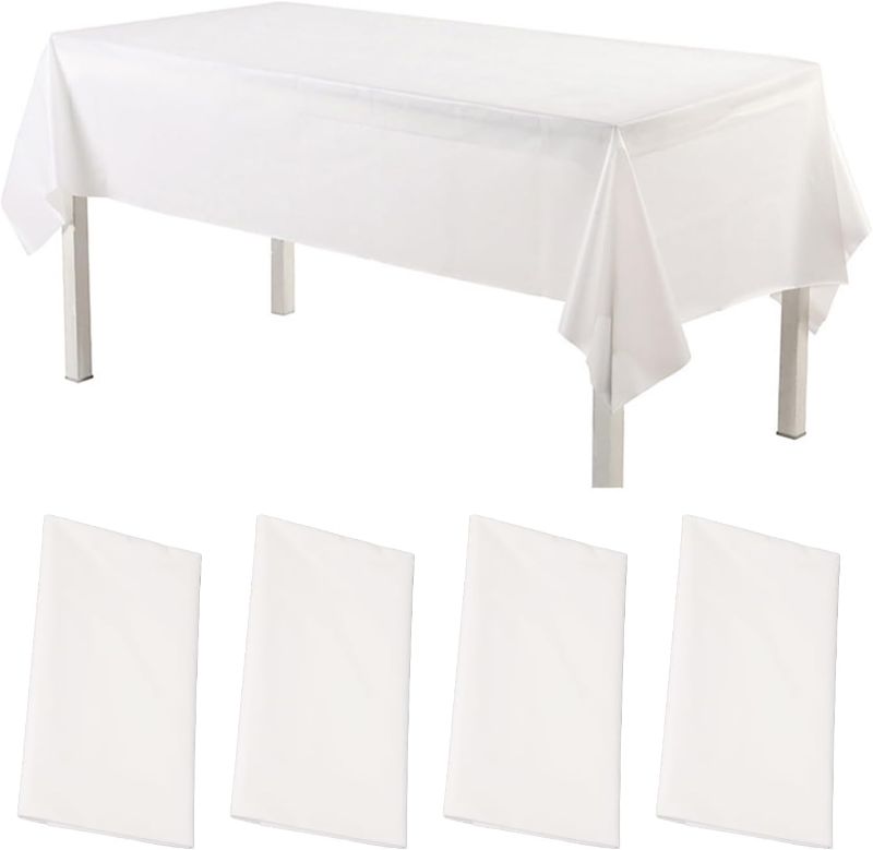 Photo 1 of  White Plastic Tablecloth - 108 x 54 Plastic Table Cloths | Disposable Tablecloths | White Tablecloths | Plastic Table Cover | Disposable Tablecloths for BBQ, Party, Fine Dining, Wedding, Outdoor Rectangle (24 Pack) White