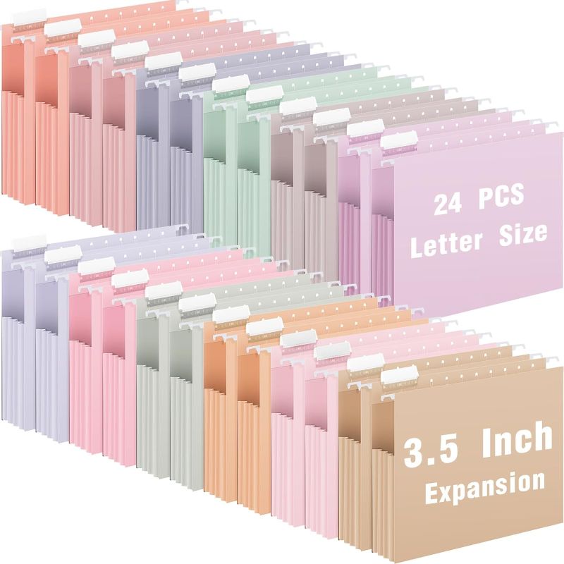 Photo 1 of Yaomiao 24 Pcs Extra Capacity Hanging File Folders Letter Size Bulk, 3.5 Inch Expansion Colored Hang Folder with Tag Reinforced Heavy Duty File Cabinet Folders for File Medical Chart(Elegant Color)