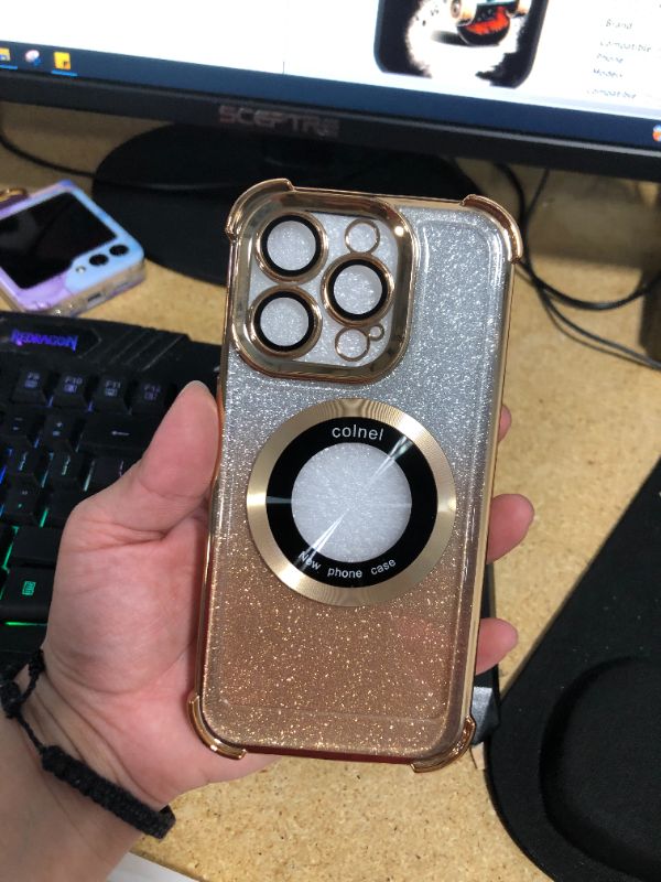 Photo 3 of for iPhone 15 Pro Glitter Case Compatible with MagSafe,Military Grade Protection Magnetic Shockproof Hard Case with Camera Lens Protector for iPhone 15 Pro 6.1''-Gold Glitter Gold