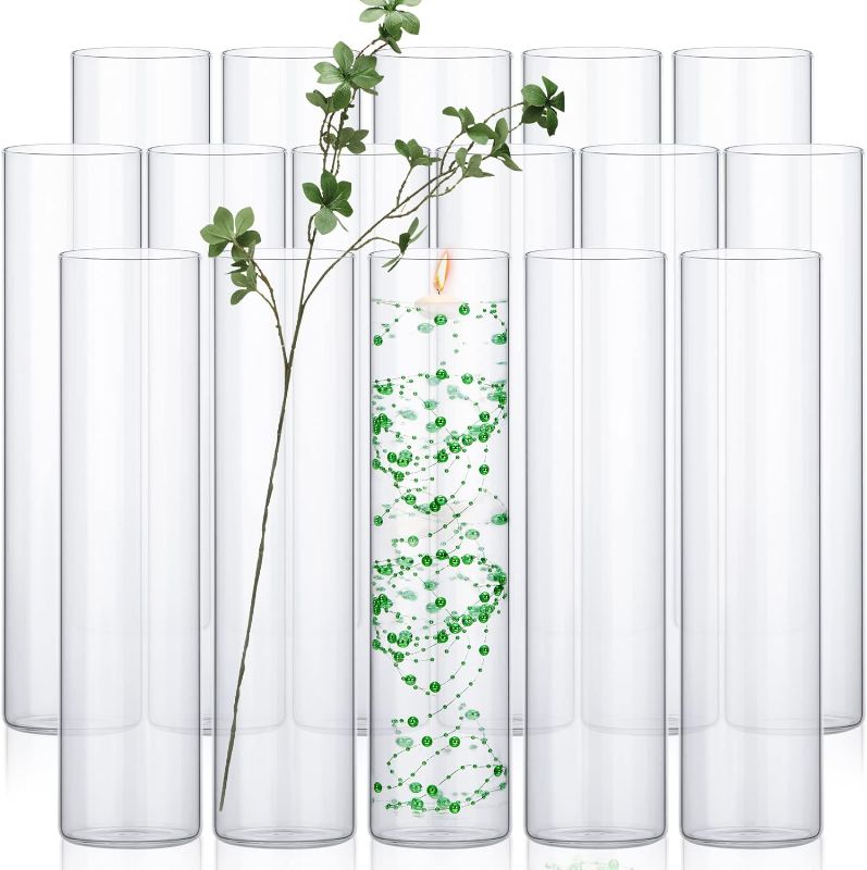 Photo 1 of 16 Pack Glass Clear Cylinder Vases Tall Floating Candle Holders Cylinder Vase Bulk Clear Flower Vases for Table Centerpieces Home Wedding Decorations Formal Dinners (14 x 3.35 Inch)