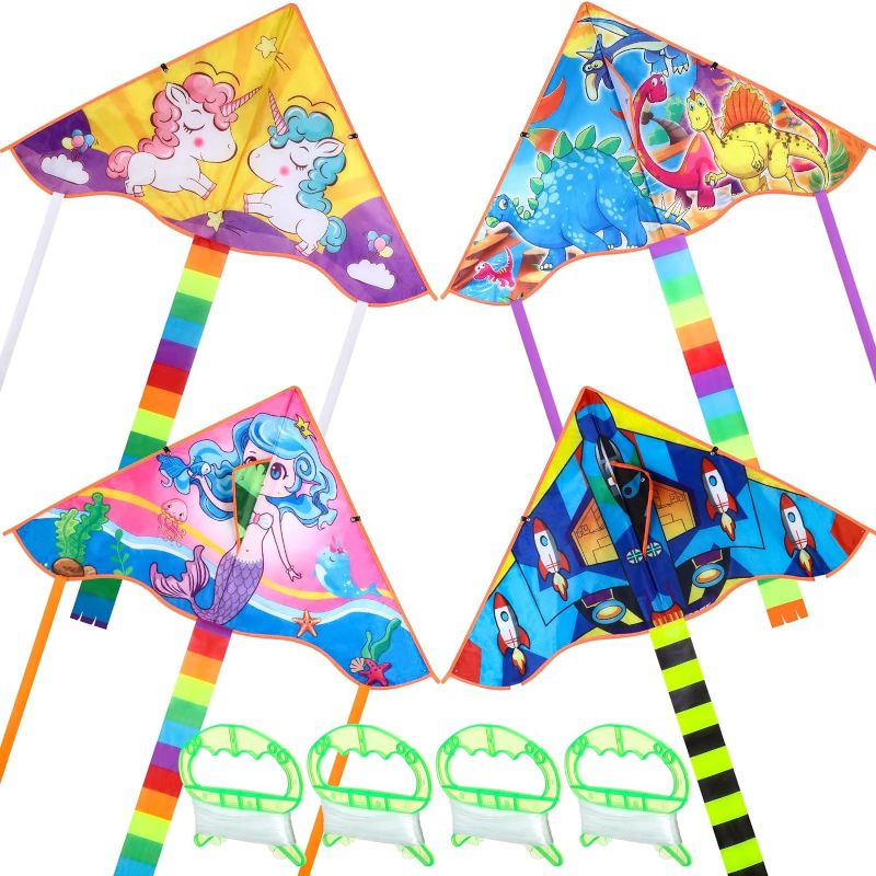 Photo 1 of 4 Pcs Delta Kite for Kids Unicorn Dragon Rocket Mermaid Kite with Long Tail Ages 4-8 and 8-12 Easy to Fly Beginners Kite with 4 Pcs 100ft String for Outdoor Games and Activities