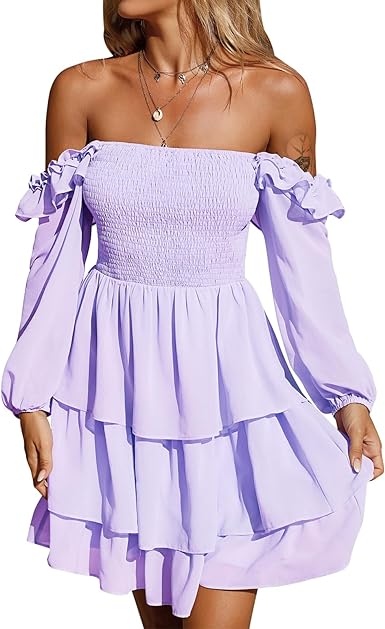 Photo 1 of Byinns Women's Smocked Ruffle Mini Dress Square Neck Long Sleeve Party Dress Cute Cottagecore Wedding Guest Dress - Purple - S