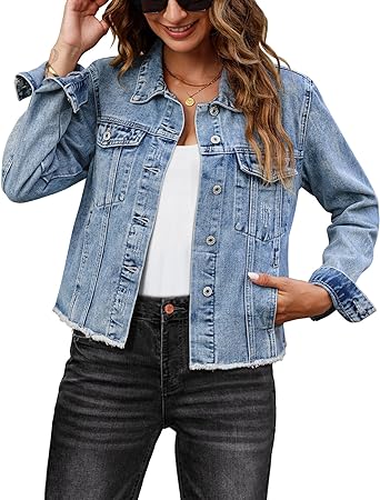 Photo 1 of Denim Jacket for Women Distressed Jean Jackets Button Up Vintage Western Trucker Jacket Frayed Hem Pockets - L