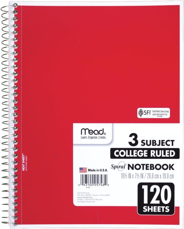 Photo 1 of Mead Spiral Notebook, 3-Subject, College Ruled Paper, 8" x 11", 120 Sheets per Notebook, Red, (3 pack)