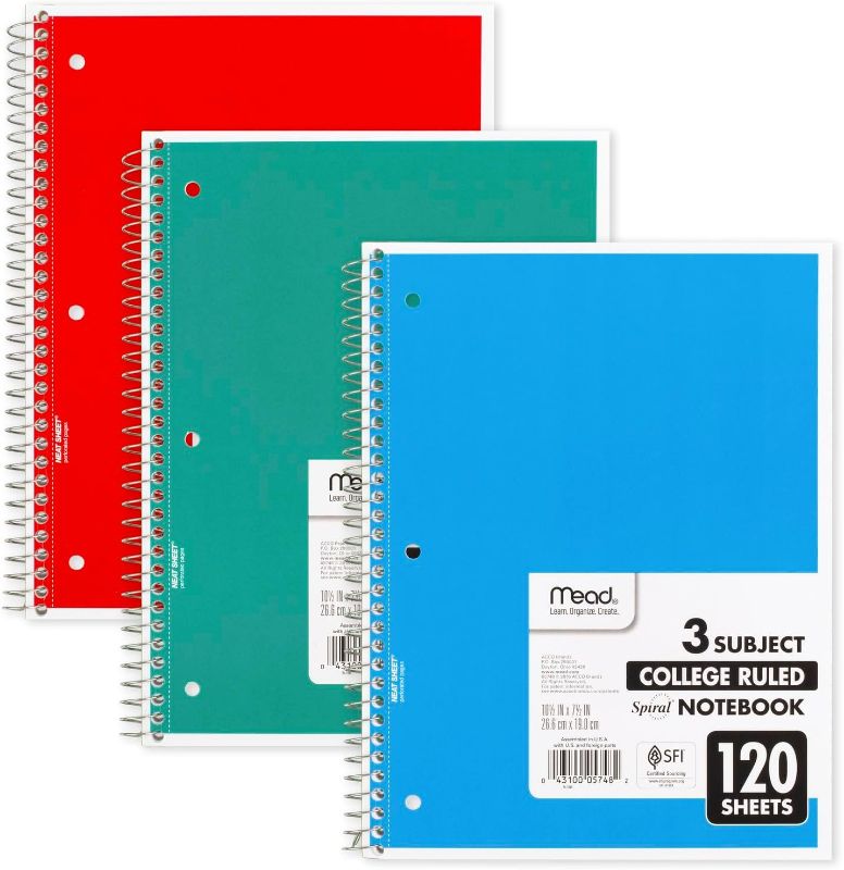 Photo 1 of Mead Spiral Notebook, 3-Subject, College Ruled Paper, 8" x 11", 120 Sheets per Notebook, Teal, (3 pack)