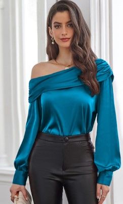 Photo 1 of GRACE KARIN Women's Satin Blouse Off Shoulder Long Sleeve Shirts Slanted Neck Elegant Tops Casual Party Tops - 2XL