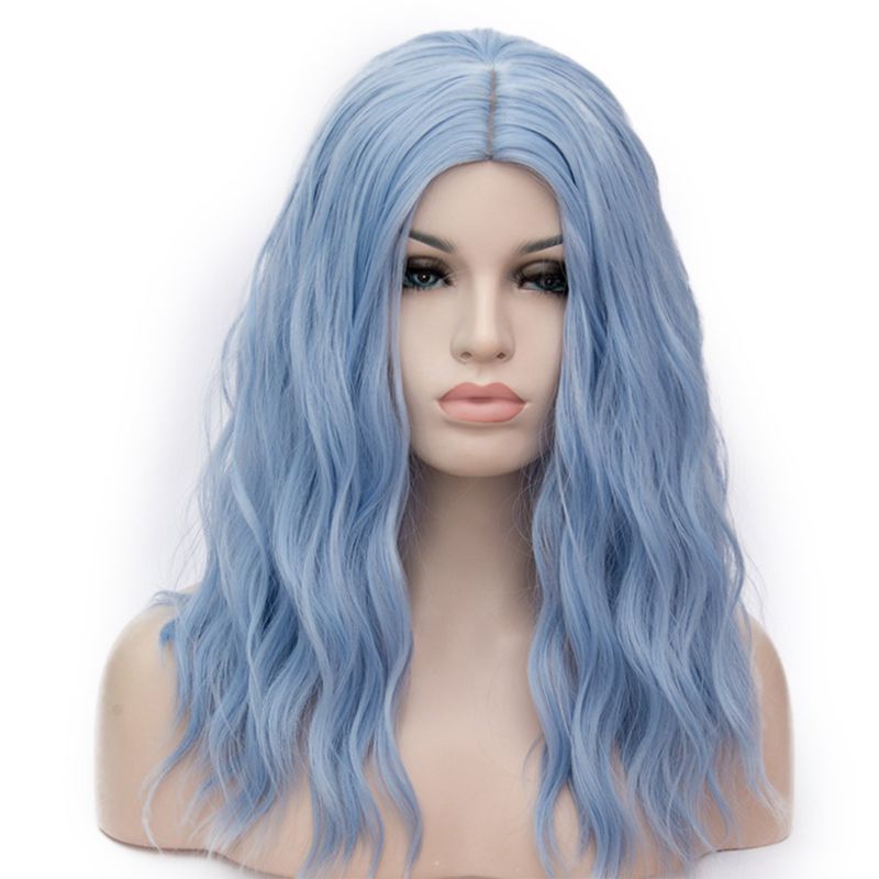 Photo 1 of 20" Long Wavy Curly Water Blue Synthetic Wig for Women Girls Cosplay Wig Halloween Costume Wig with Wig Cap(Light Blue)