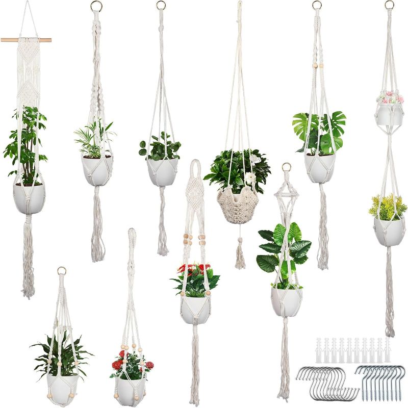 Photo 1 of 10 Pack Macrame Plant Hangers Indoor Hanging Plant Holder Handmade Hanging Plants Pots Holder Stand with Tools for Boho Indoor Home Decorations(White, Cotton)