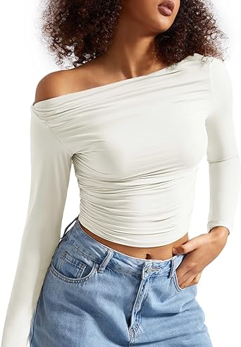 Photo 1 of SUUKSESS Women Off Shoulder Long Sleeve Shirts Double Lined Fitted Crop Tops***USED***SIZE SMALL****