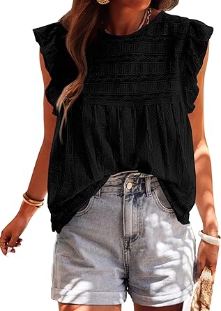 Photo 1 of PRETTYGARDEN Women's Summer Cute Tank Top Crewneck Ruffle Sleeveless Hollow Out Eyelet Lace Spring Blouse Shirts - S