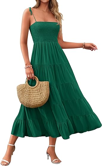 Photo 1 of PRETTYGARDEN Womens Casual Spaghetti Straps Sleeveless Smocked Tiered Fit And Flared Bohemian Flowy Club Dress - M