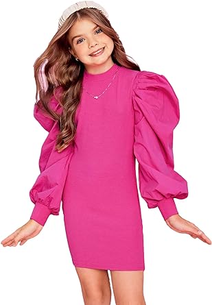 Photo 1 of Girl's Long Puff Sleeve Mock Neck Slim Fit Pencil Short Dress Birthday Party Dresses