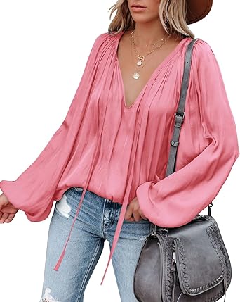 Photo 1 of LAMISSCHE Womens Sexy Deep V Neck Blouse Lantern Long Sleeve Chiffon Shirt Oversized Drawstring Silk Satin Tunic