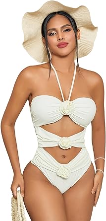 Photo 1 of Women's Halter Neck 3D Flower Decoration Sexy One-Piece Cut Out Swimsuit Bathing Suit - M