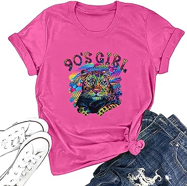 Photo 1 of 90s Girl Leopard Tiger Shirt: Women Vintage Rainbow Graphic Shirts 1990s Nostalgia Birthday Party Theme Gift Outfit - XL
