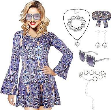 Photo 1 of 70s Disco Outfits For Women Hippie Dress Sequin Disco Ball Earrings Sunglasses Accessories Halloween - L