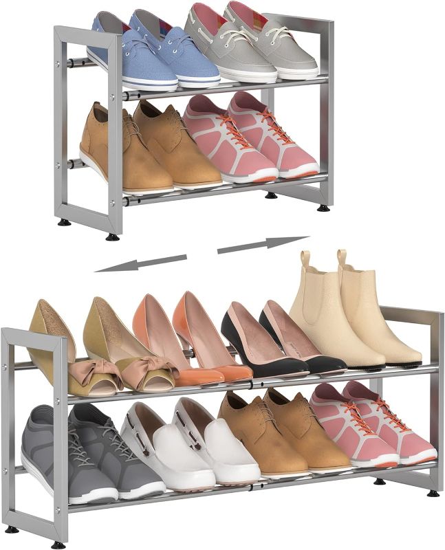 Photo 1 of 2 Tier Shoe rack for closet Metal free standing small shoe racks, expandable Shoe Storage Organizer Shelf for Entryway, Hallway, Dorm Room (Gray, 2 Tier Short)