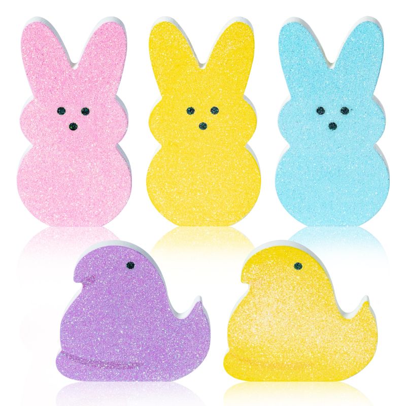 Photo 1 of **2PACK**Easter Bunny Table Decorations - 5P Spring Peeps Glitter Chick Bunny Rabbit Colorful Wooden Sign Easter Spring Party Color Double Printing Centerpieces Home Farmhouse Decor Tiered Tray Decor