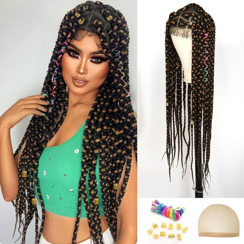 Photo 1 of Anogol Hair Cap + 30" Triangle Knotless Braid Wigs For Black Women Double Full Lace Cornrow Braided Wigs With Baby Hair HD Full Lace Braided Wigs Synthetic Goddess Braids Wig(10 Beads+16 Strings)
