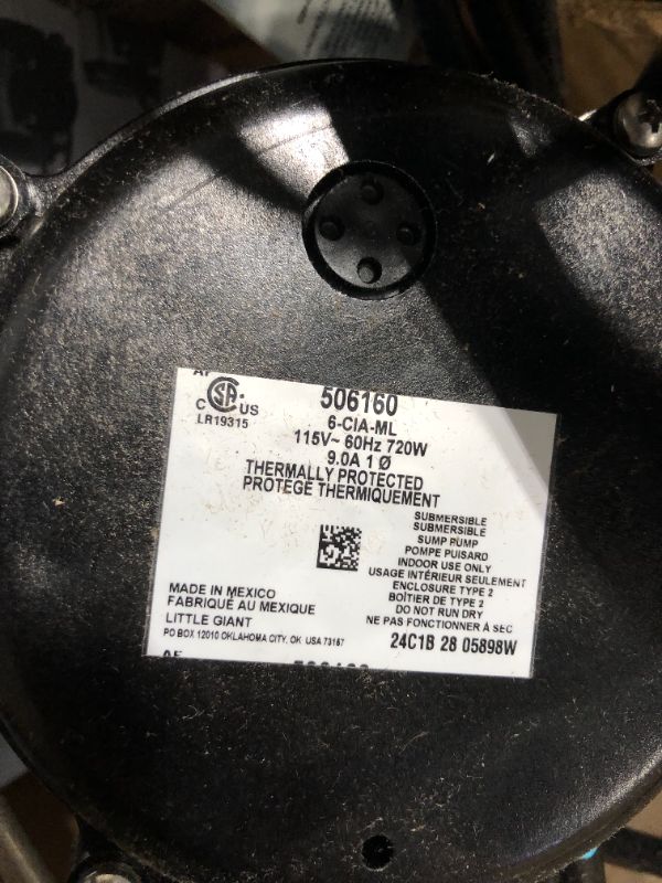 Little Giant 506160 6CIAML 1/3 HP 2760 GPH 115Volt Low Level Sump
