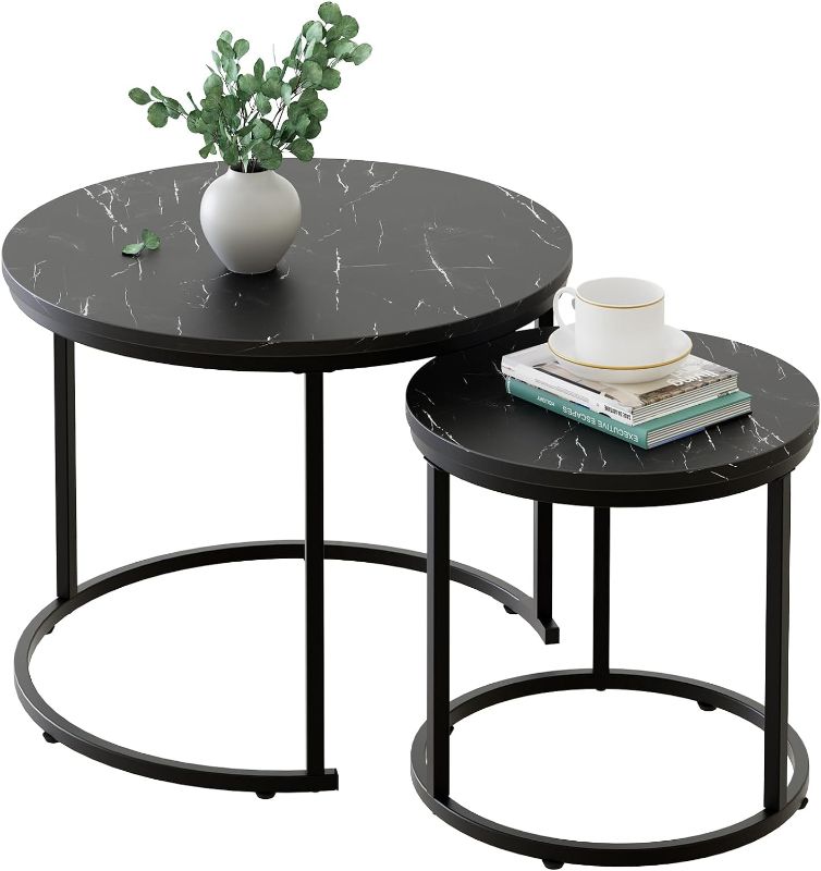 Photo 1 of aboxoo Round Nesting Coffee Table Side Set of 2 End Tables for Living Room Bedroom Balcony,Black Faux Marble Wooden Table 23.6IN Accent Large Coffee Table with Steel Frame
