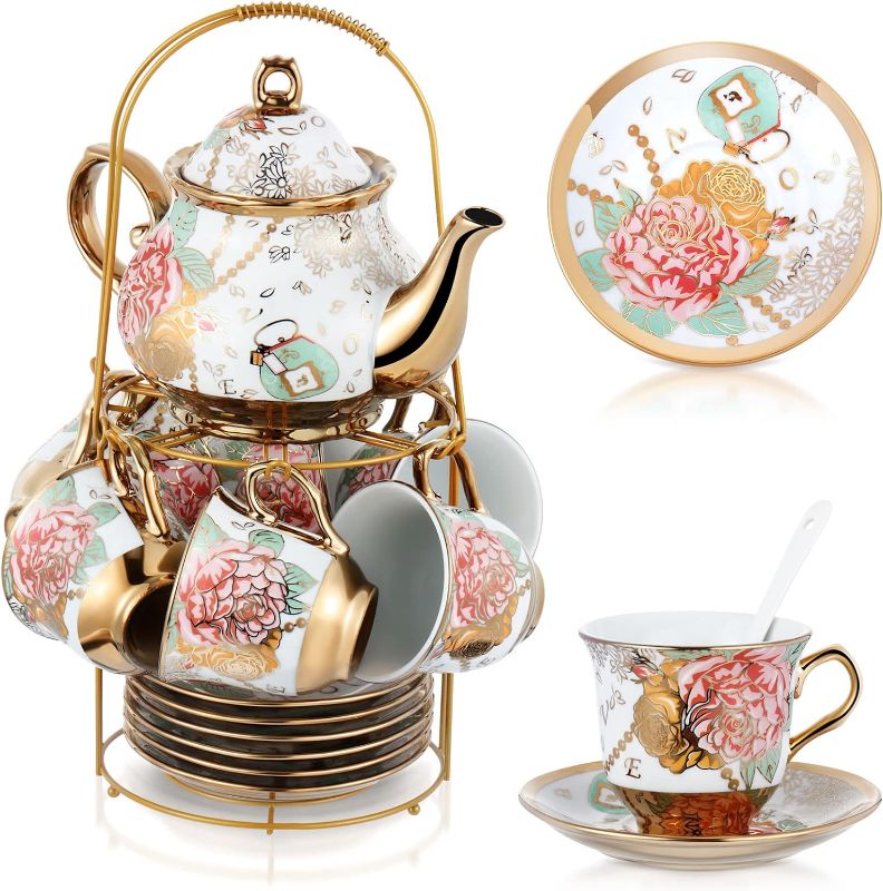 Photo 1 of Zhehao 20 Pcs Porcelain Tea Set with Metal Holder Adult Ceramic Tea Party Set European Flower Tea Cup Saucer Set for Adult Women Girls with Flower Painting, Large Version (Bright Style)