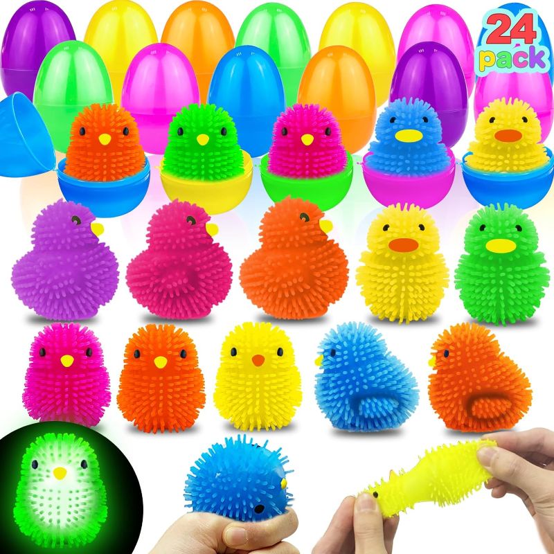 Photo 1 of AMENON 24 Pack Easter Basket Stuffers Chick Duck LED Puffer Balls Easter Eggs Filled Light Up Squeeze Sensory Ball Stress Relief Fidget Toys for Kids Boys Girls Easter Egg Hunt Party Favor Gift