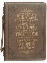 Photo 1 of Christian Art Gifts Men's Classic Bible Cover for I Know The Plans Jeremiah 29:11, Brown/Gold Faux Leather, Medium