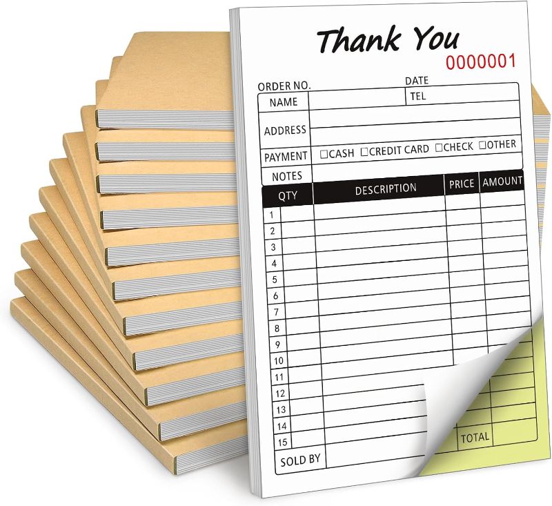 Photo 1 of 10 Pack Thank You Receipt Book, 2-Part Carbonless Sales Invoice Book with Cardboard for Small Boutique Business, (8.3x5.5 Inches, 50 Sets*10)
